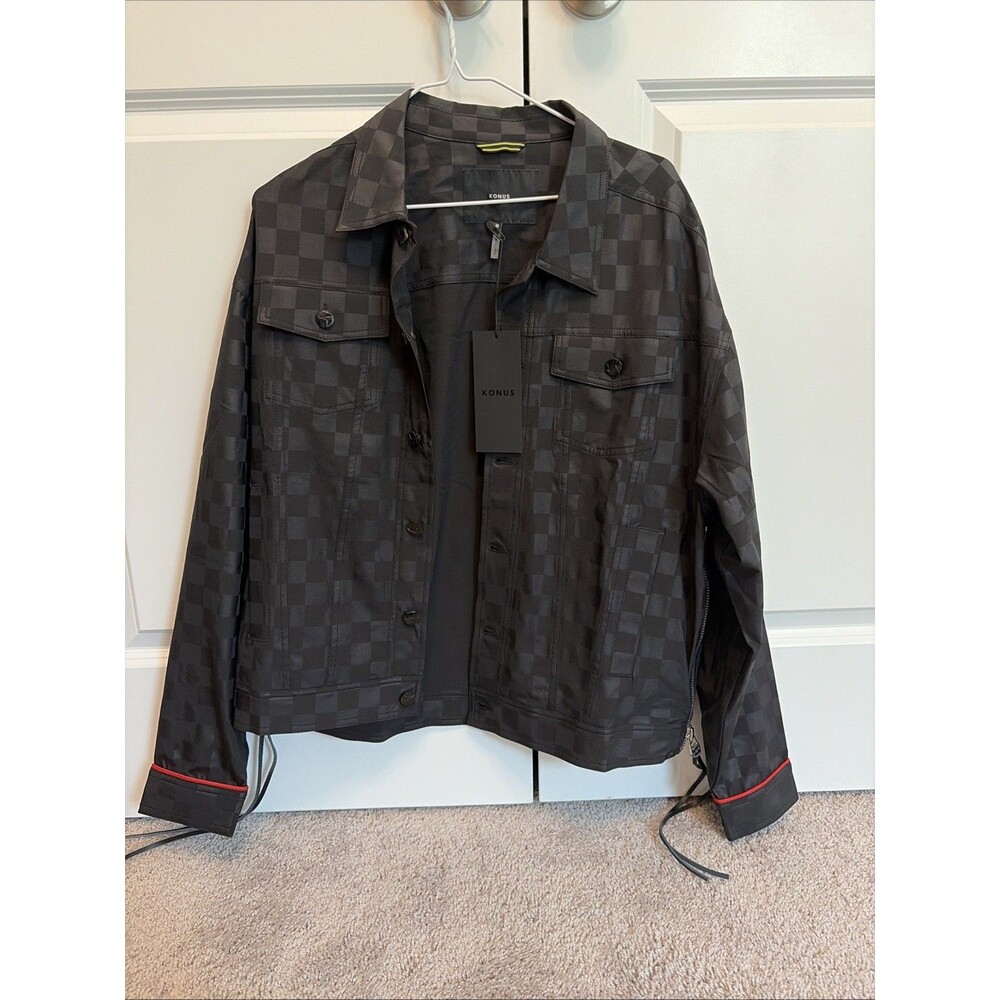 Konus Men's Tonal Checker Trucker Jacket in Black , Checkered Coat, Medium Size